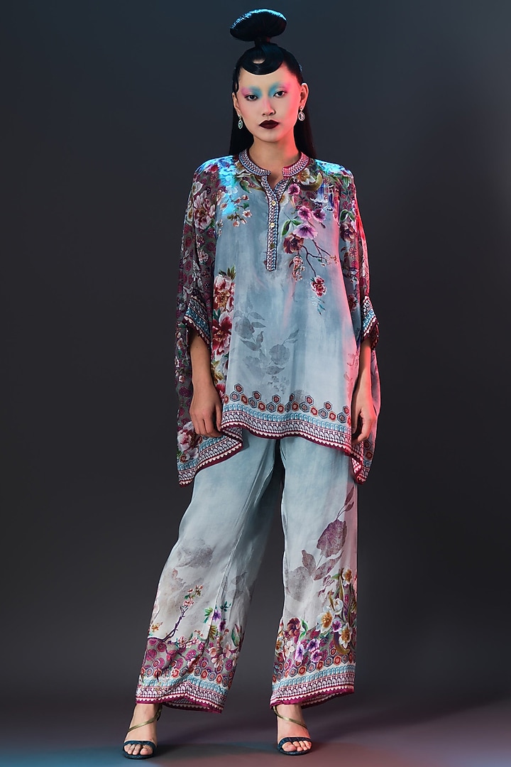 Slate Blue Silk Printed & Embroidered Tunic Set by Rajdeep Ranawat at Pernia's Pop Up Shop