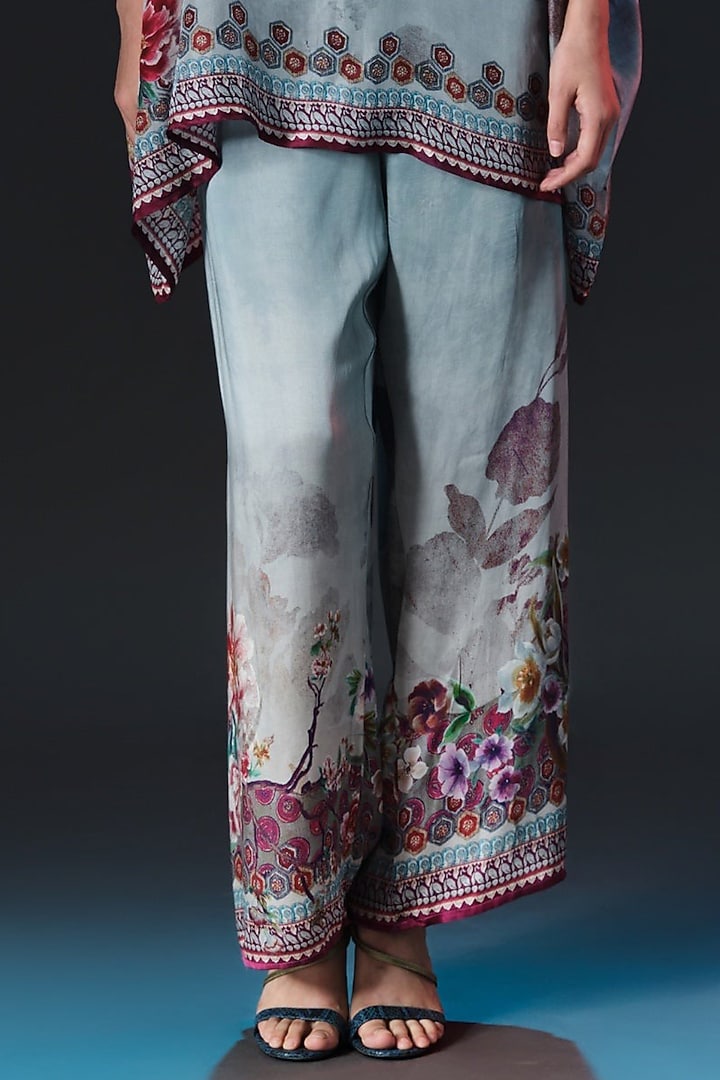 Slate Blue Silk Printed & Embroidered Tunic Set by Rajdeep Ranawat at Pernia's Pop Up Shop
