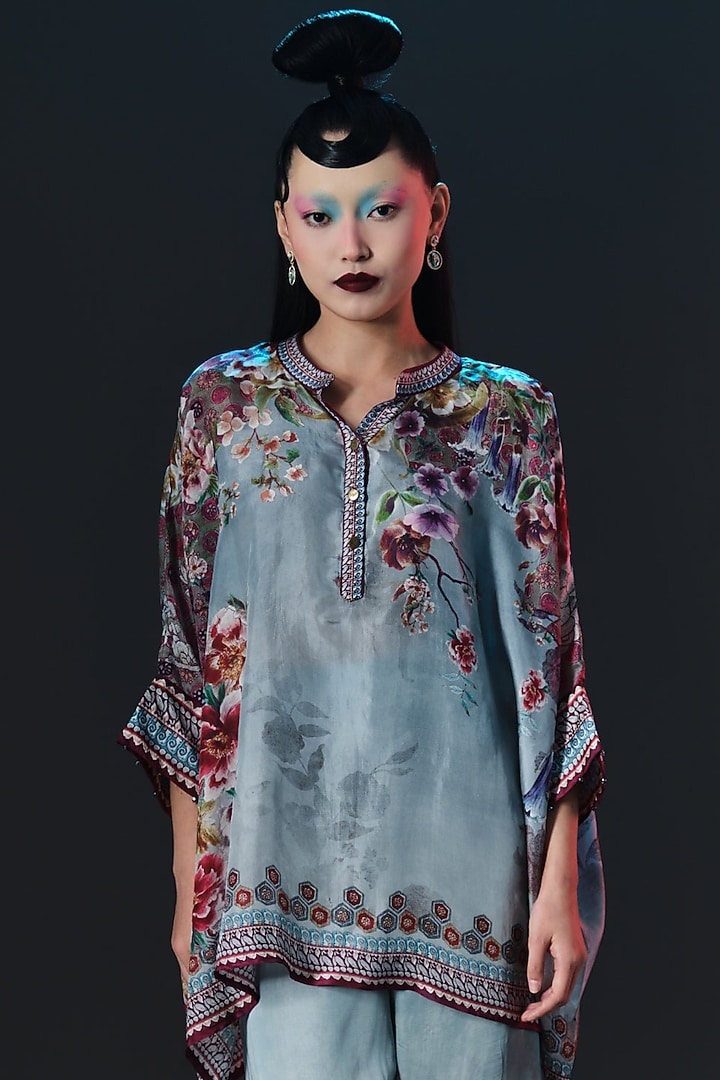Slate Blue Silk Printed & Embroidered Tunic Set by Rajdeep Ranawat at Pernia's Pop Up Shop