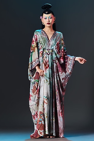 Beige Silk Printed Kaftan by Rajdeep Ranawat