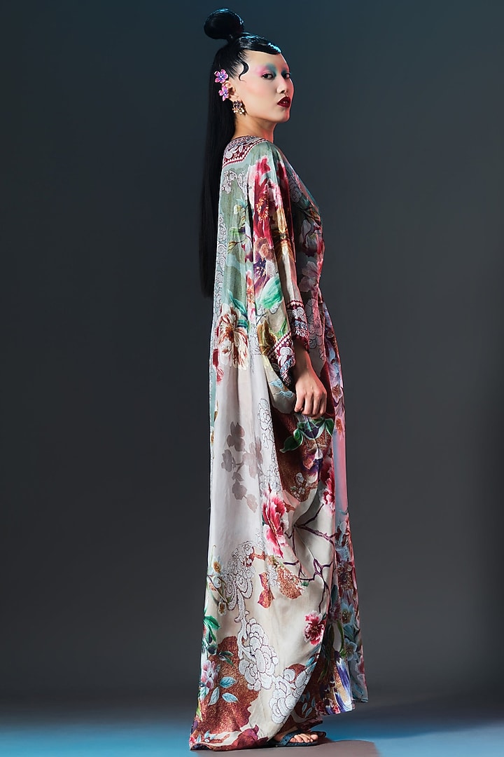 Beige Silk Printed Kaftan by Rajdeep Ranawat at Pernia's Pop Up Shop