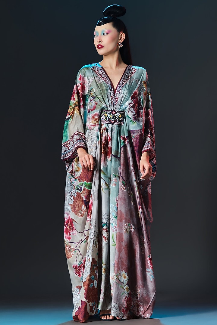 Beige Silk Printed Kaftan by Rajdeep Ranawat at Pernia's Pop Up Shop