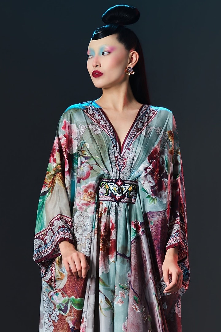 Beige Silk Printed Kaftan by Rajdeep Ranawat at Pernia's Pop Up Shop