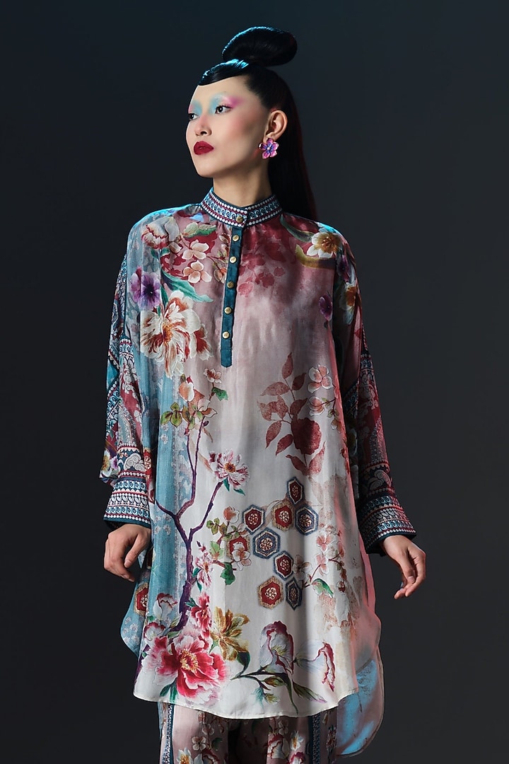 Brick & Aqua Silk Shirt Kurta Set by Rajdeep Ranawat at Pernia's Pop Up Shop