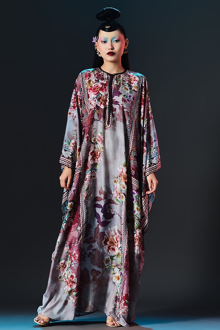 Taupe & Maroon Silk Printed Boxy Kaftan by Rajdeep Ranawat at Pernia's Pop Up Shop