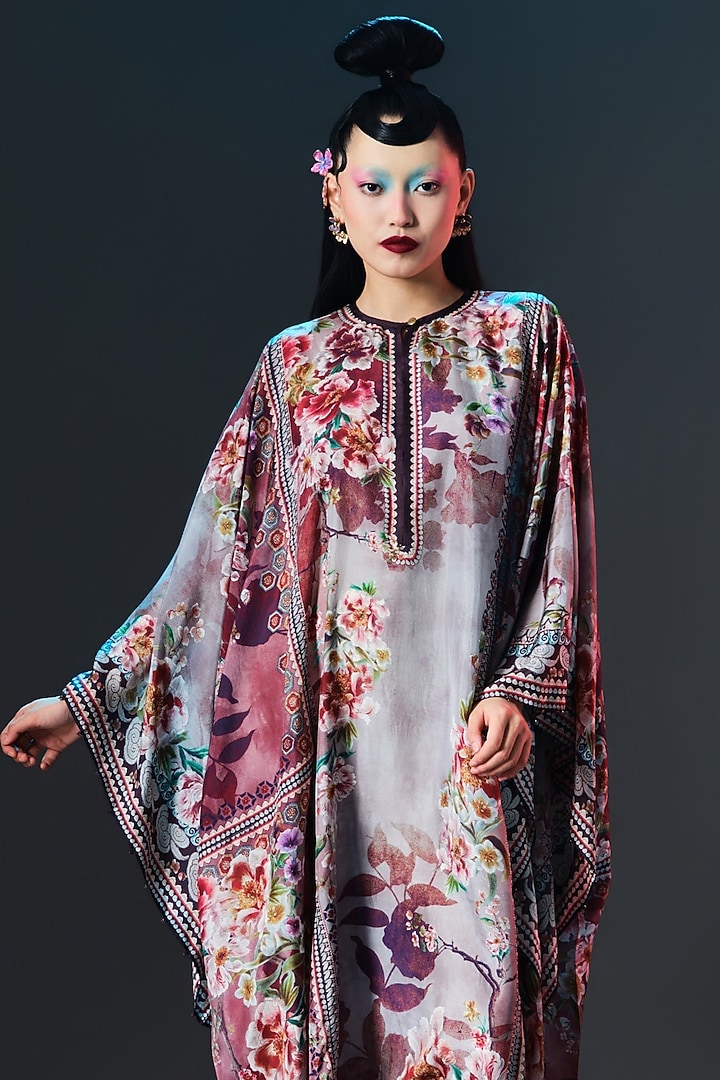 Taupe & Maroon Silk Printed Boxy Kaftan by Rajdeep Ranawat at Pernia's Pop Up Shop