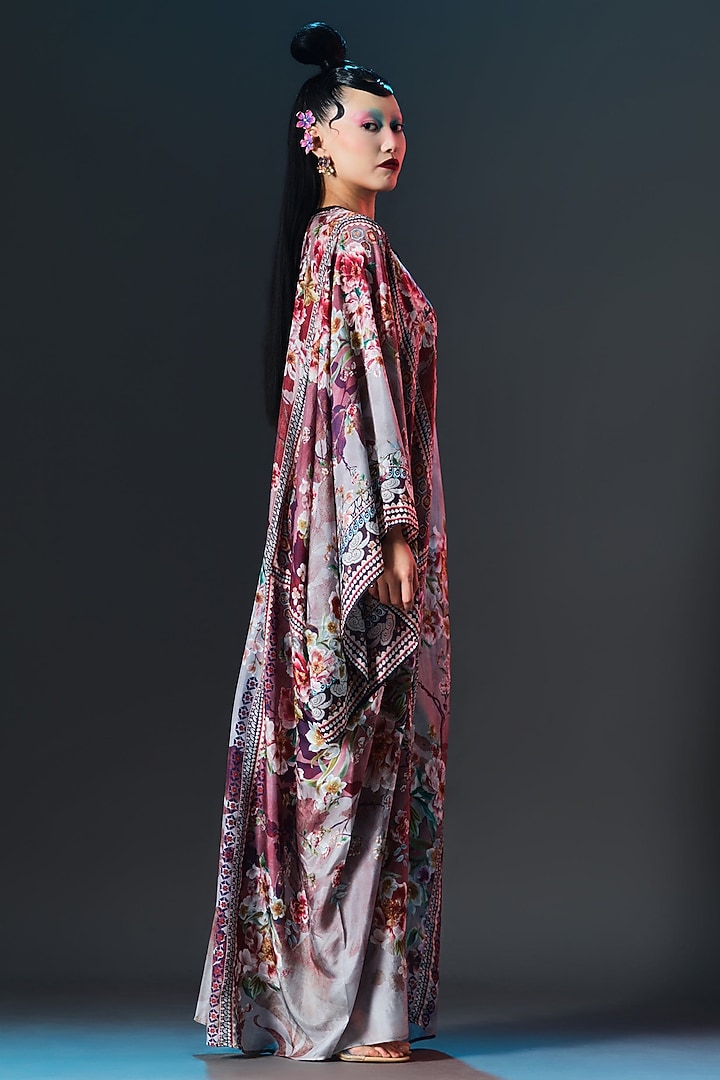 Taupe & Maroon Silk Printed Boxy Kaftan by Rajdeep Ranawat at Pernia's Pop Up Shop