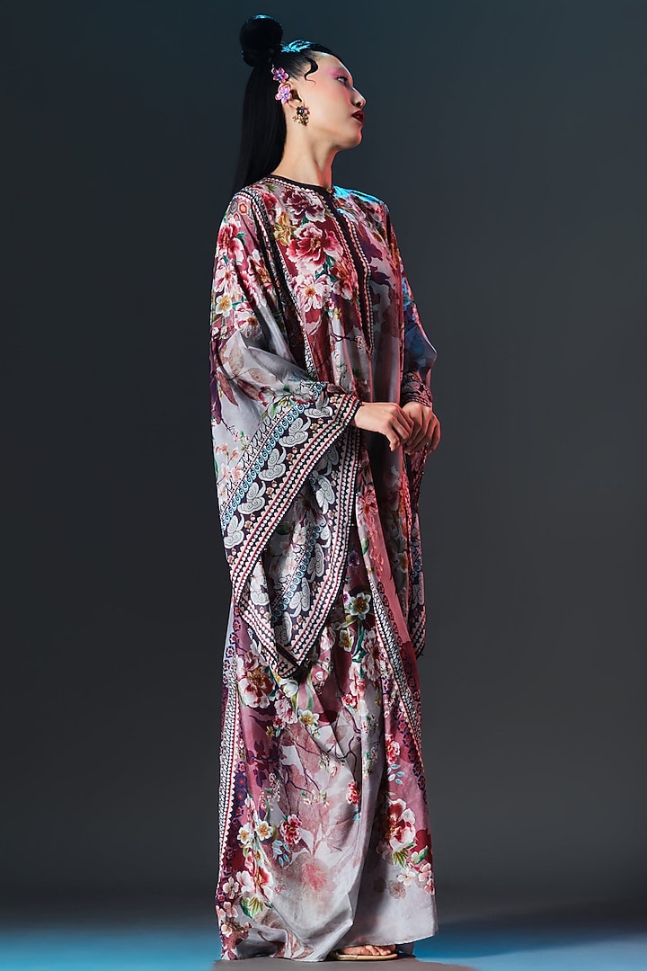 Taupe & Maroon Silk Printed Boxy Kaftan by Rajdeep Ranawat at Pernia's Pop Up Shop