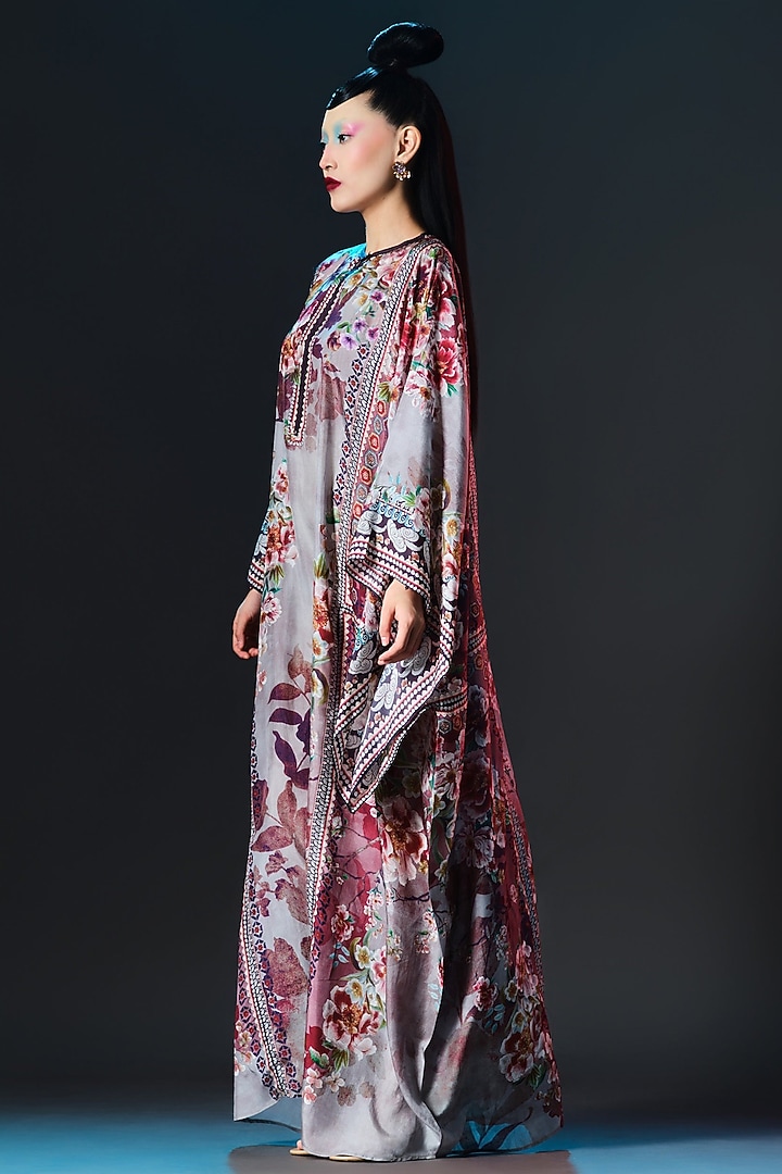 Taupe & Maroon Silk Printed Boxy Kaftan by Rajdeep Ranawat at Pernia's Pop Up Shop