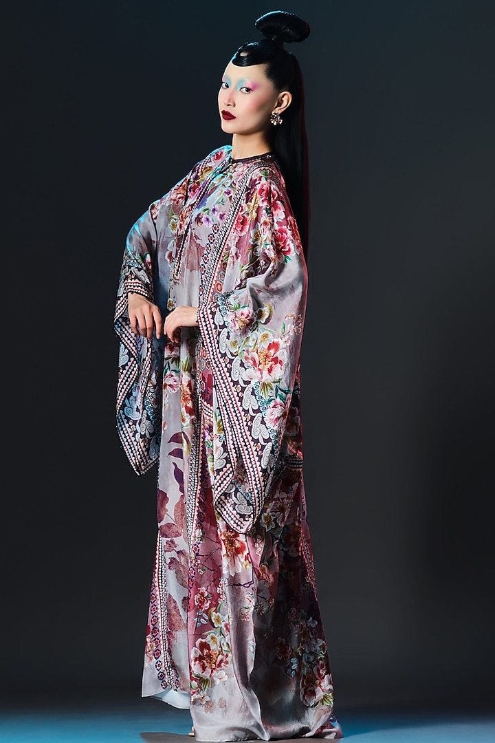 Taupe & Maroon Silk Printed Boxy Kaftan by Rajdeep Ranawat at Pernia's Pop Up Shop