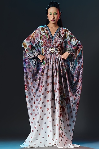 White-Brick Silk Printed Kaftan by Rajdeep Ranawat