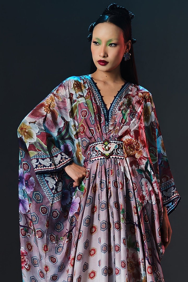White-Brick Silk Printed Kaftan by Rajdeep Ranawat at Pernia's Pop Up Shop