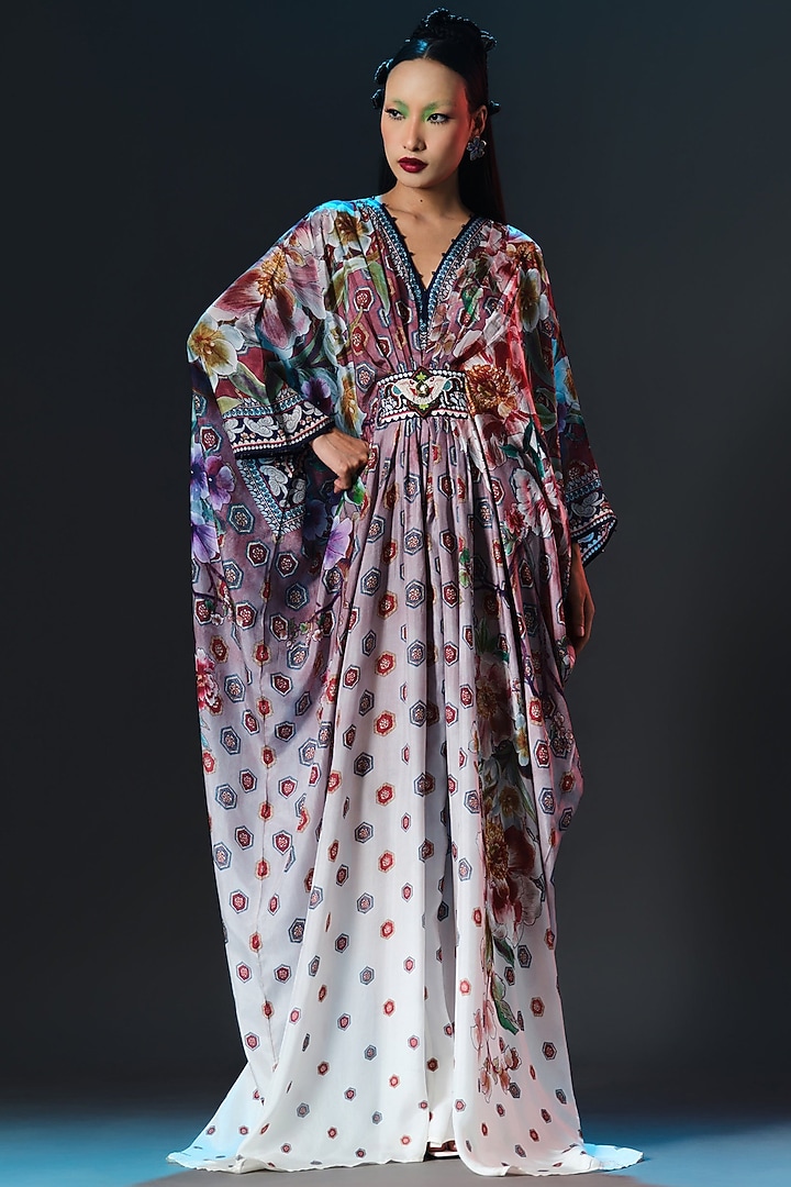 White-Brick Silk Printed Kaftan by Rajdeep Ranawat at Pernia's Pop Up Shop