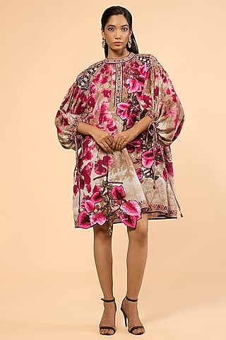 Vintage Rose Cotton Linen Printed & Embroidered Dress by Rajdeep Ranawat