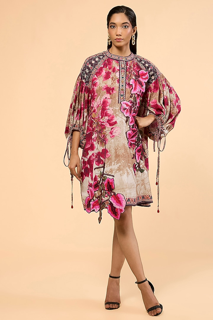 Vintage Rose Cotton Linen Printed & Embroidered Cocktail Dress by Rajdeep Ranawat at Pernia's Pop Up Shop