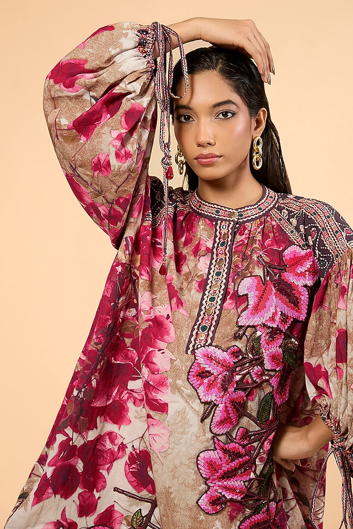 Vintage Rose Cotton Linen Printed & Embroidered Cocktail Dress by Rajdeep Ranawat at Pernia's Pop Up Shop