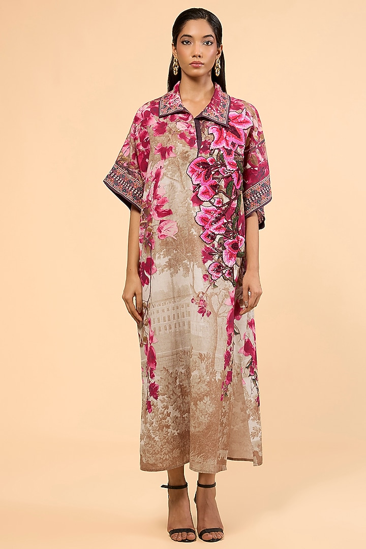 Vintage Rose Cotton Linen Printed & Embroidered Kaftan by Rajdeep Ranawat at Pernia's Pop Up Shop