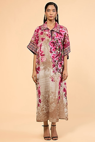 Vintage Rose Cotton Linen Printed & Embroidered Kaftan by Rajdeep Ranawat