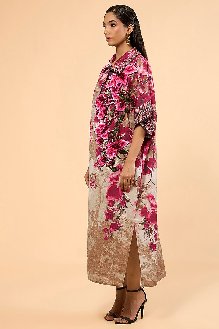 Vintage Rose Cotton Linen Printed & Embroidered Kaftan by Rajdeep Ranawat at Pernia's Pop Up Shop