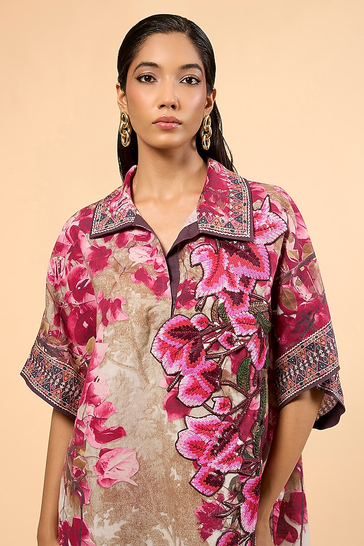 Vintage Rose Cotton Linen Printed & Embroidered Kaftan by Rajdeep Ranawat at Pernia's Pop Up Shop