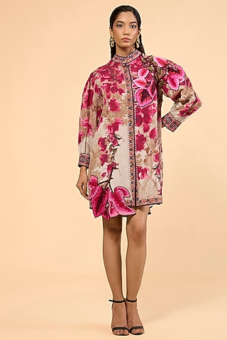 Vintage Rose Cotton Linen Printed & Embroidered A-Line Dress by Rajdeep Ranawat