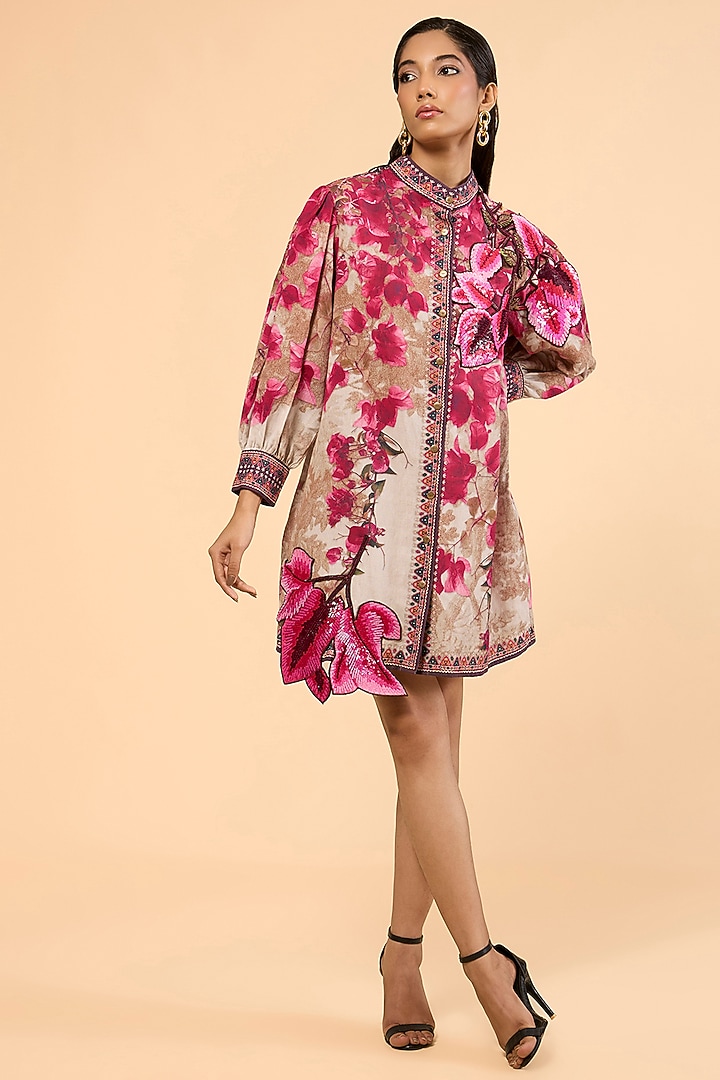 Vintage Rose Cotton Linen Printed & Embroidered A-Line Cocktail Dress by Rajdeep Ranawat at Pernia's Pop Up Shop