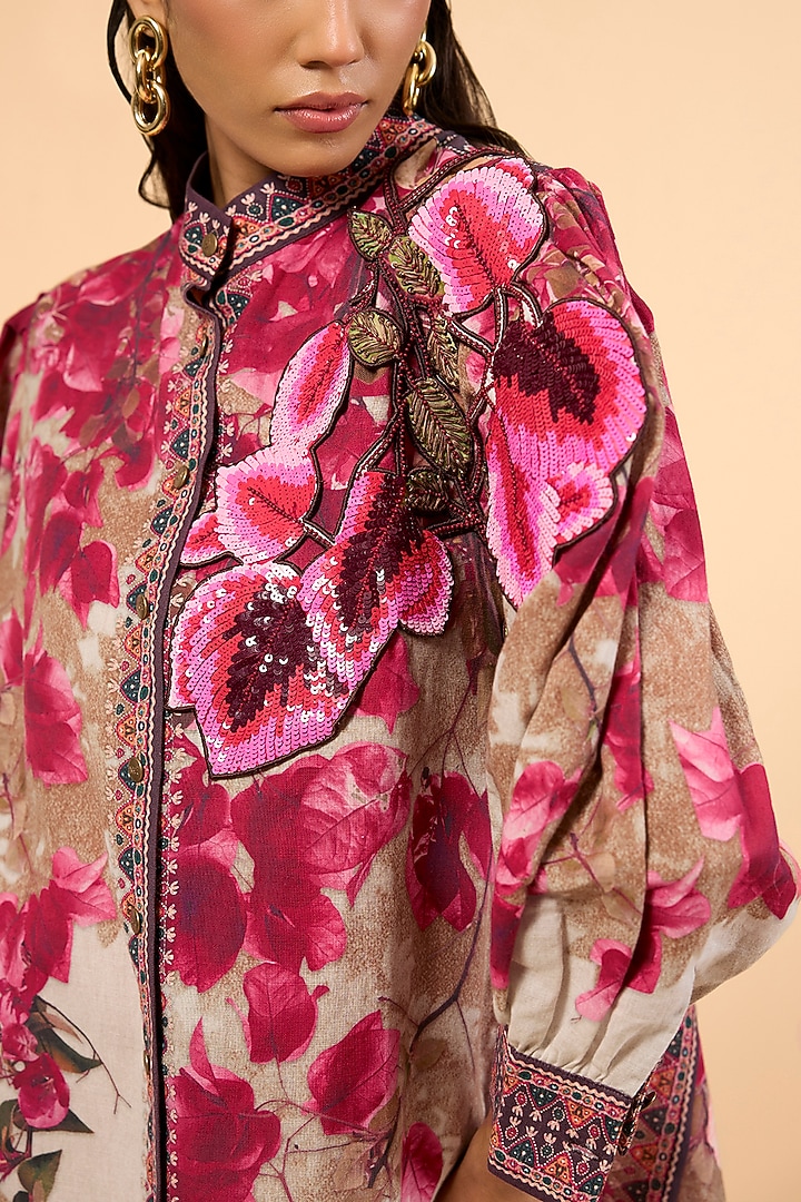 Vintage Rose Cotton Linen Printed & Embroidered A-Line Cocktail Dress by Rajdeep Ranawat at Pernia's Pop Up Shop