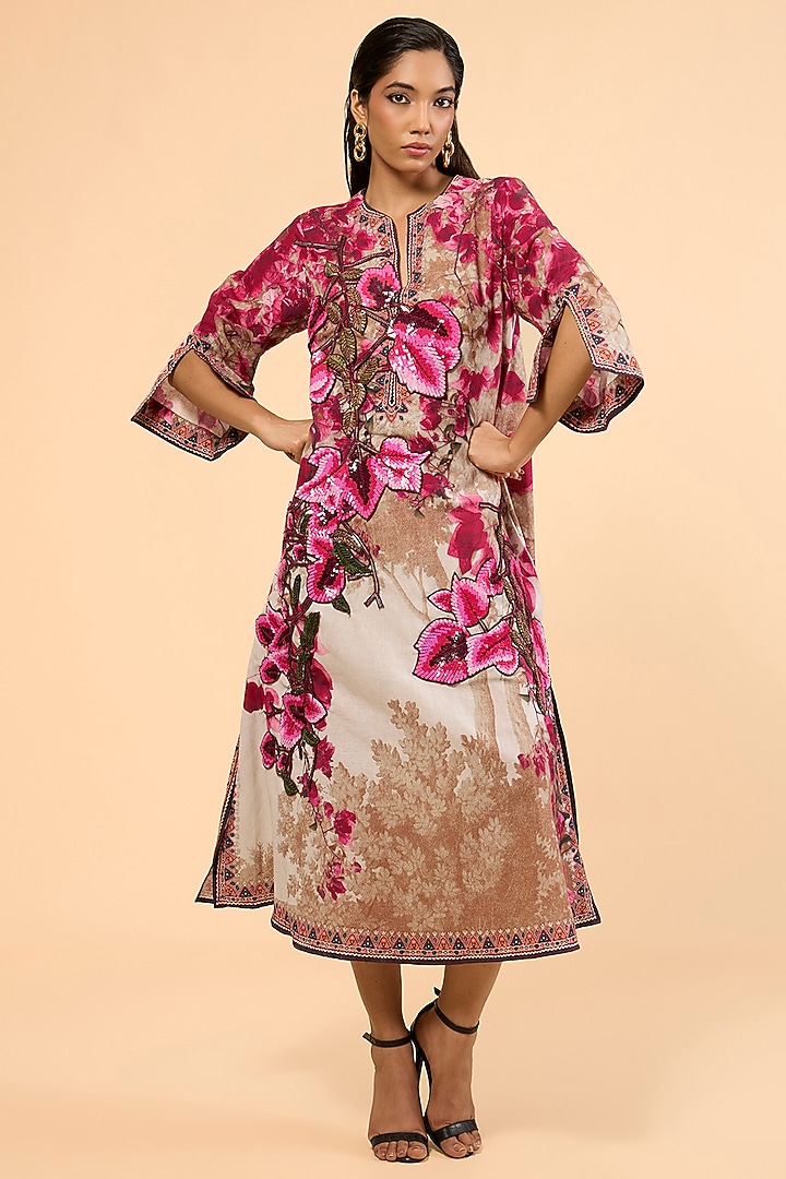 Vintage Rose Cotton Linen Printed & Embroidered A-Line Kaftan by Rajdeep Ranawat at Pernia's Pop Up Shop