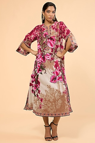 Vintage Rose Cotton Linen Printed & Embroidered A-Line Kaftan by Rajdeep Ranawat