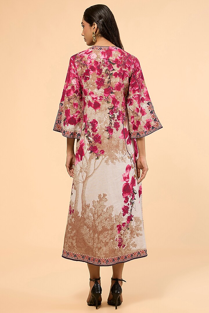 Vintage Rose Cotton Linen Printed & Embroidered A-Line Kaftan by Rajdeep Ranawat at Pernia's Pop Up Shop