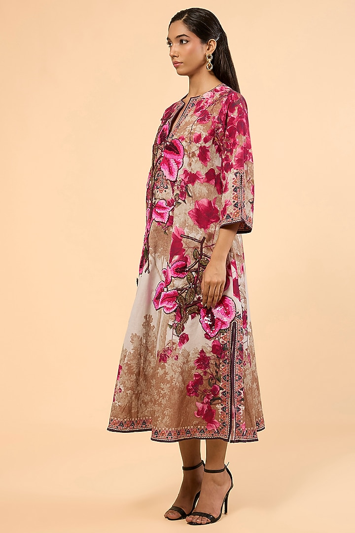 Vintage Rose Cotton Linen Printed & Embroidered A-Line Kaftan by Rajdeep Ranawat at Pernia's Pop Up Shop