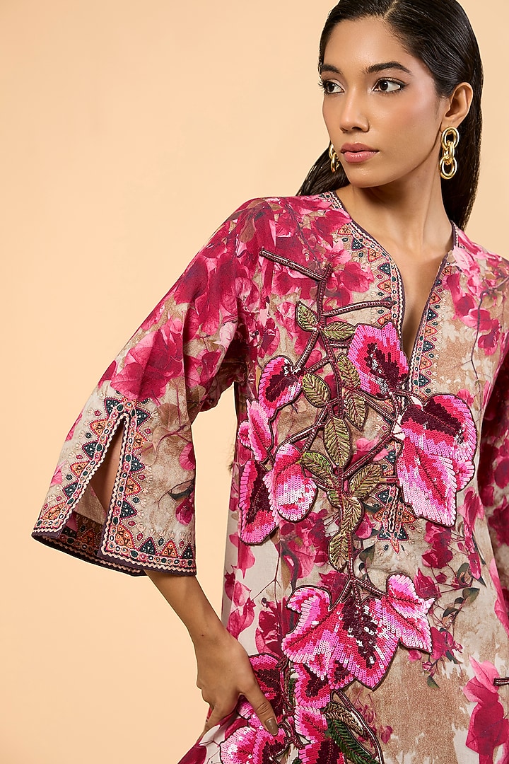 Vintage Rose Cotton Linen Printed & Embroidered A-Line Kaftan by Rajdeep Ranawat at Pernia's Pop Up Shop