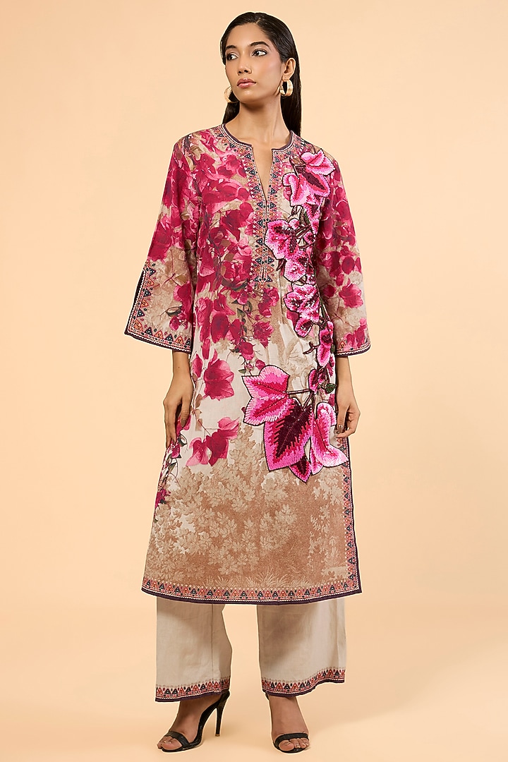 Vintage Rose Cotton Linen Printed & Embroidered Kurta Set by Rajdeep Ranawat at Pernia's Pop Up Shop