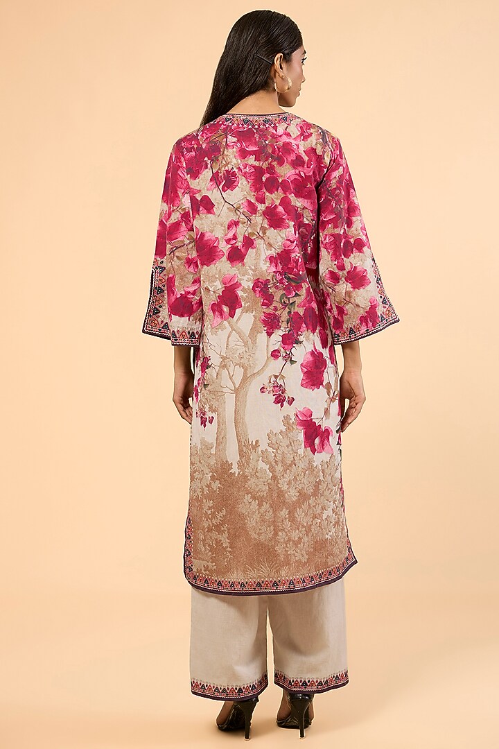 Vintage Rose Cotton Linen Printed & Embroidered Kurta Set by Rajdeep Ranawat at Pernia's Pop Up Shop