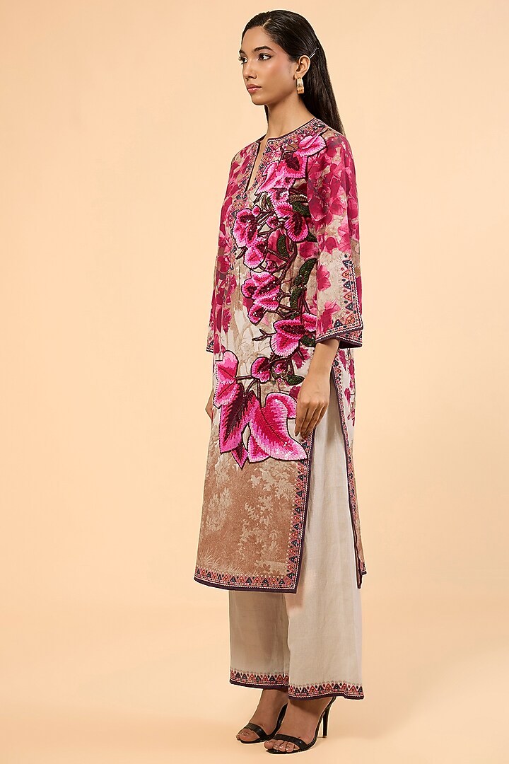 Vintage Rose Cotton Linen Printed & Embroidered Kurta Set by Rajdeep Ranawat at Pernia's Pop Up Shop