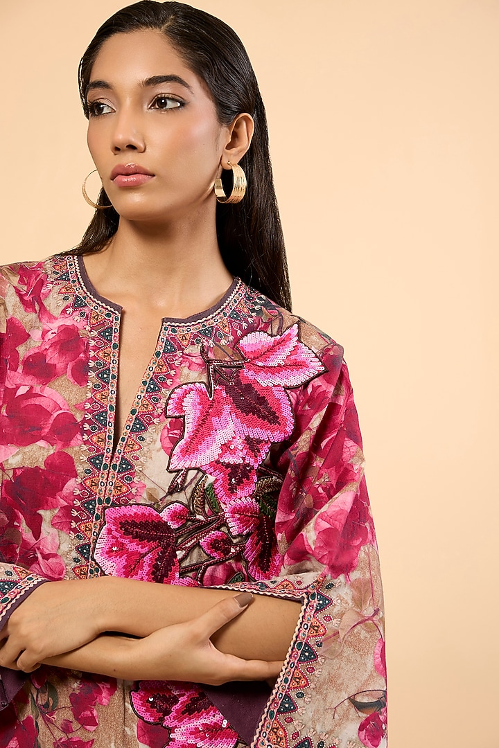 Vintage Rose Cotton Linen Printed & Embroidered Kurta Set by Rajdeep Ranawat at Pernia's Pop Up Shop