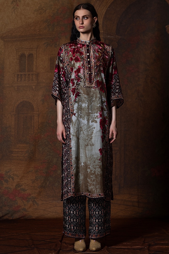 Beige & Red Silk Kurta Set by Rajdeep Ranawat at Pernia's Pop Up Shop
