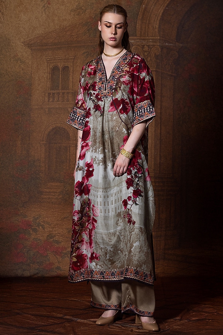 Vintage Rose Silk Printed Kimono Tunic Set by Rajdeep Ranawat at Pernia's Pop Up Shop