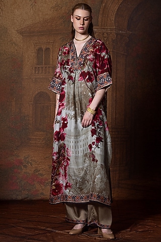Vintage Rose Silk Printed Kimono Tunic Set by Rajdeep Ranawat