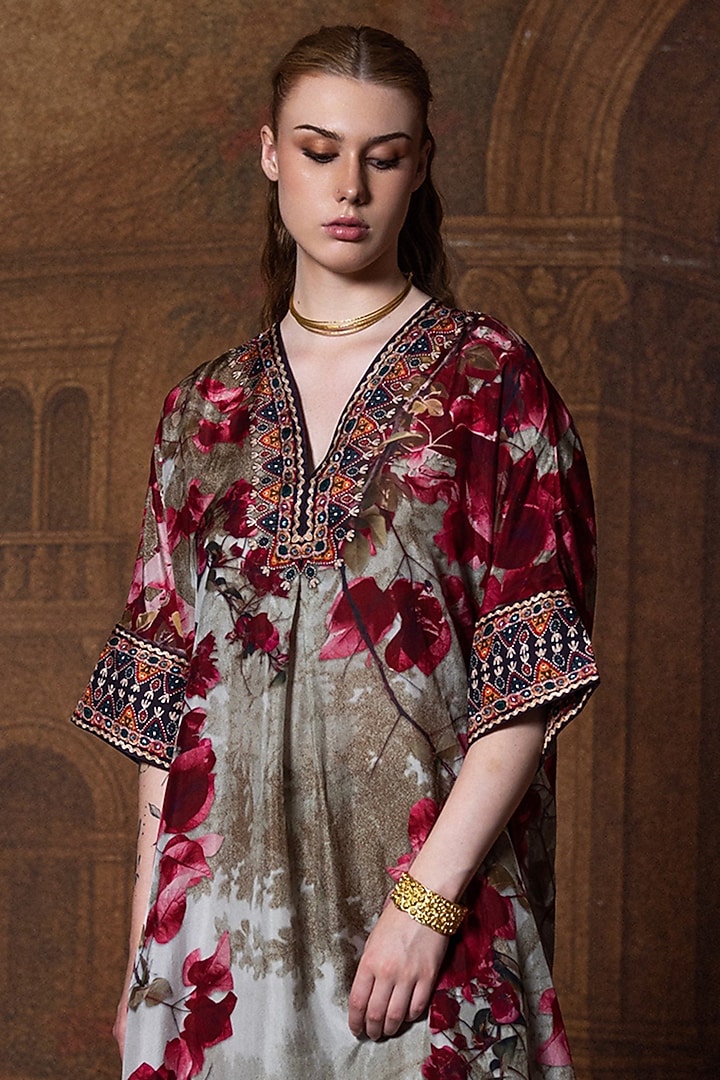 Vintage Rose Silk Printed Kimono Tunic Set by Rajdeep Ranawat at Pernia's Pop Up Shop