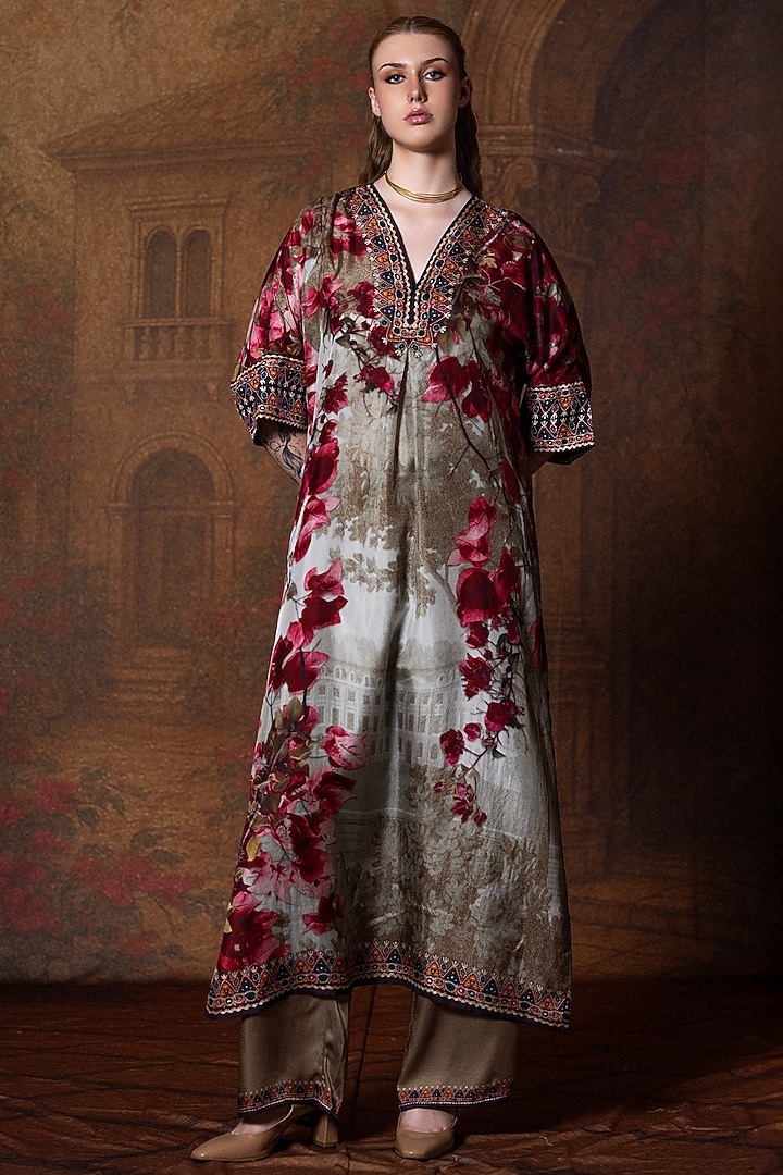 Vintage Rose Silk Printed Kimono Tunic Set by Rajdeep Ranawat at Pernia's Pop Up Shop