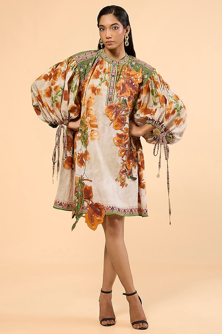 Warm Yellow Cotton Linen Printed & Embroidered Kaftan by Rajdeep Ranawat at Pernia's Pop Up Shop