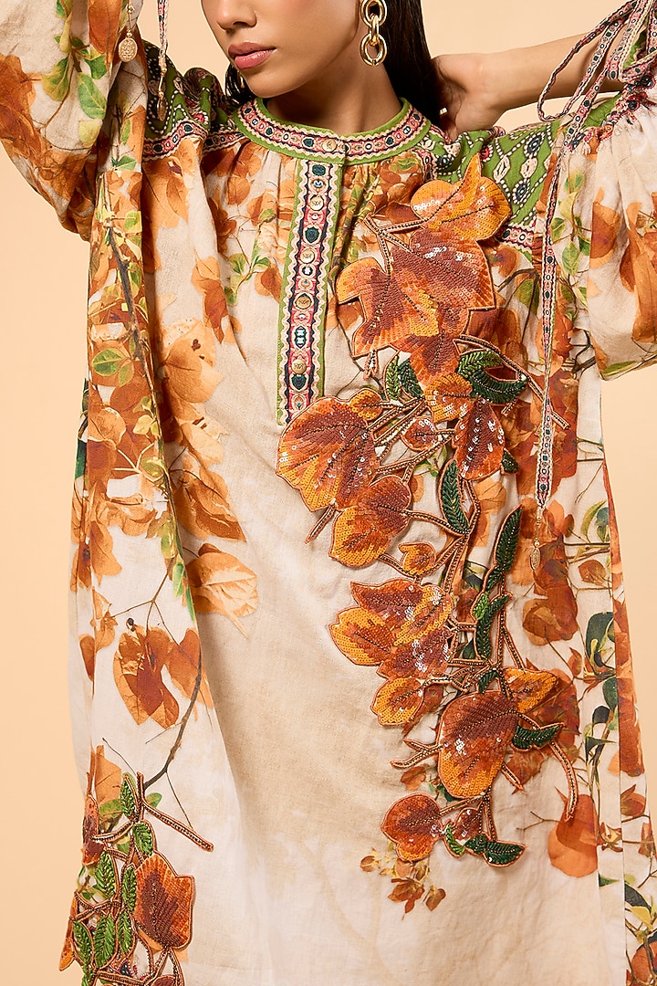 Warm Yellow Cotton Linen Printed & Embroidered Kaftan by Rajdeep Ranawat at Pernia's Pop Up Shop