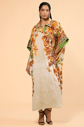 Warm Yellow Cotton Linen Printed & Embroidered Kaftan by Rajdeep Ranawat