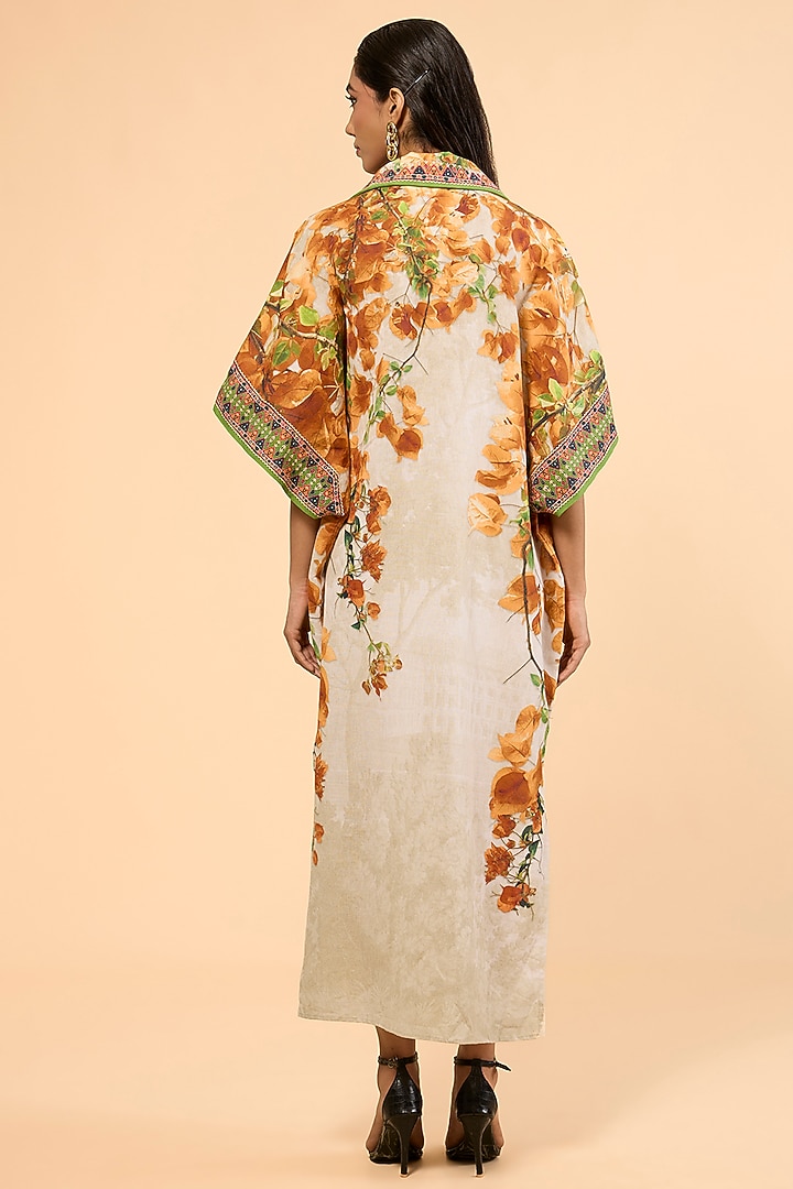 Warm Yellow Cotton Linen Printed & Embroidered Kaftan by Rajdeep Ranawat at Pernia's Pop Up Shop