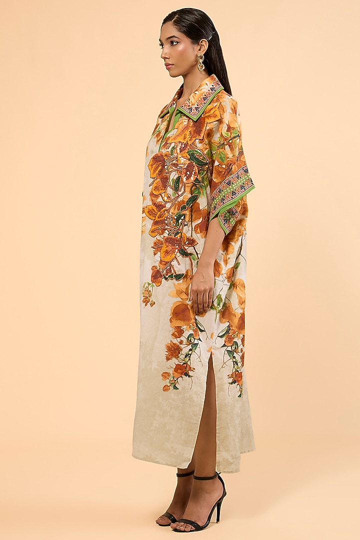 Warm Yellow Cotton Linen Printed & Embroidered Kaftan by Rajdeep Ranawat at Pernia's Pop Up Shop