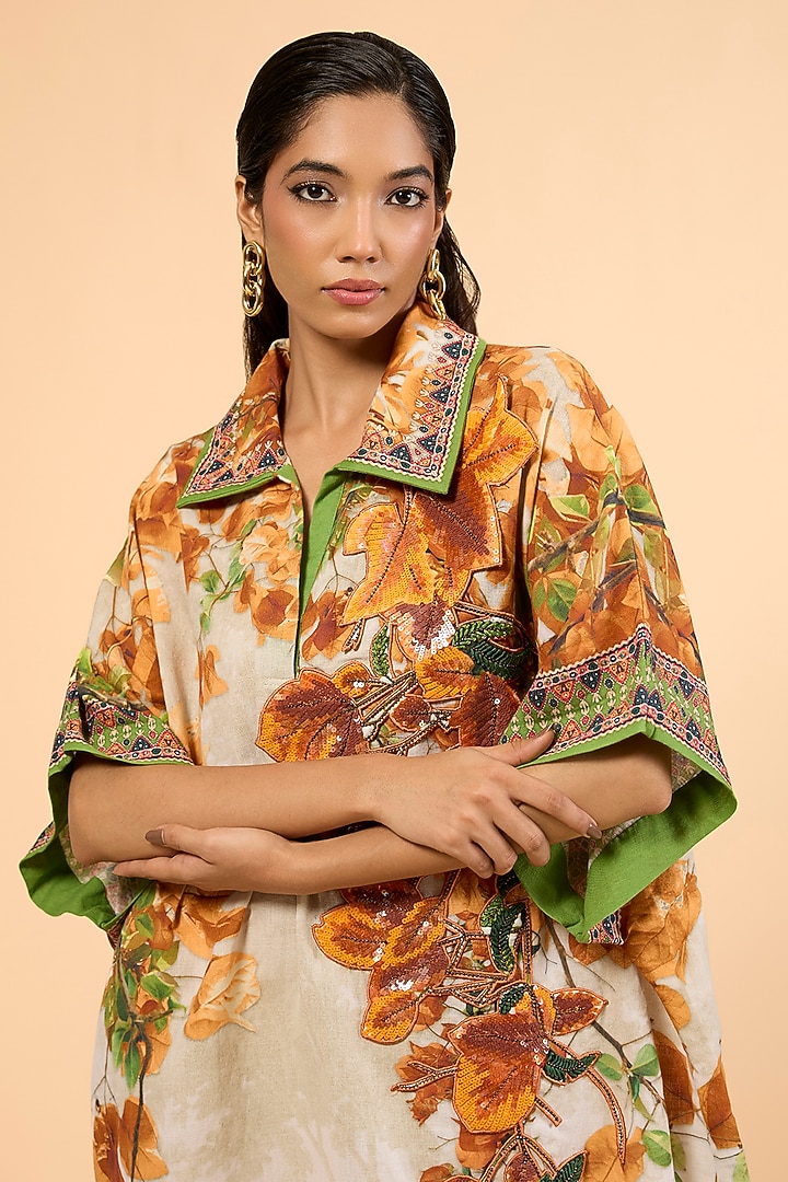 Warm Yellow Cotton Linen Printed & Embroidered Kaftan by Rajdeep Ranawat at Pernia's Pop Up Shop