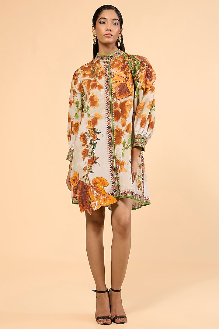 Warm Yellow Cotton Linen Printed & Embroidered A-Line Cocktail Dress by Rajdeep Ranawat at Pernia's Pop Up Shop