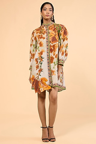 Warm Yellow Cotton Linen Printed & Embroidered A-Line Dress by Rajdeep Ranawat