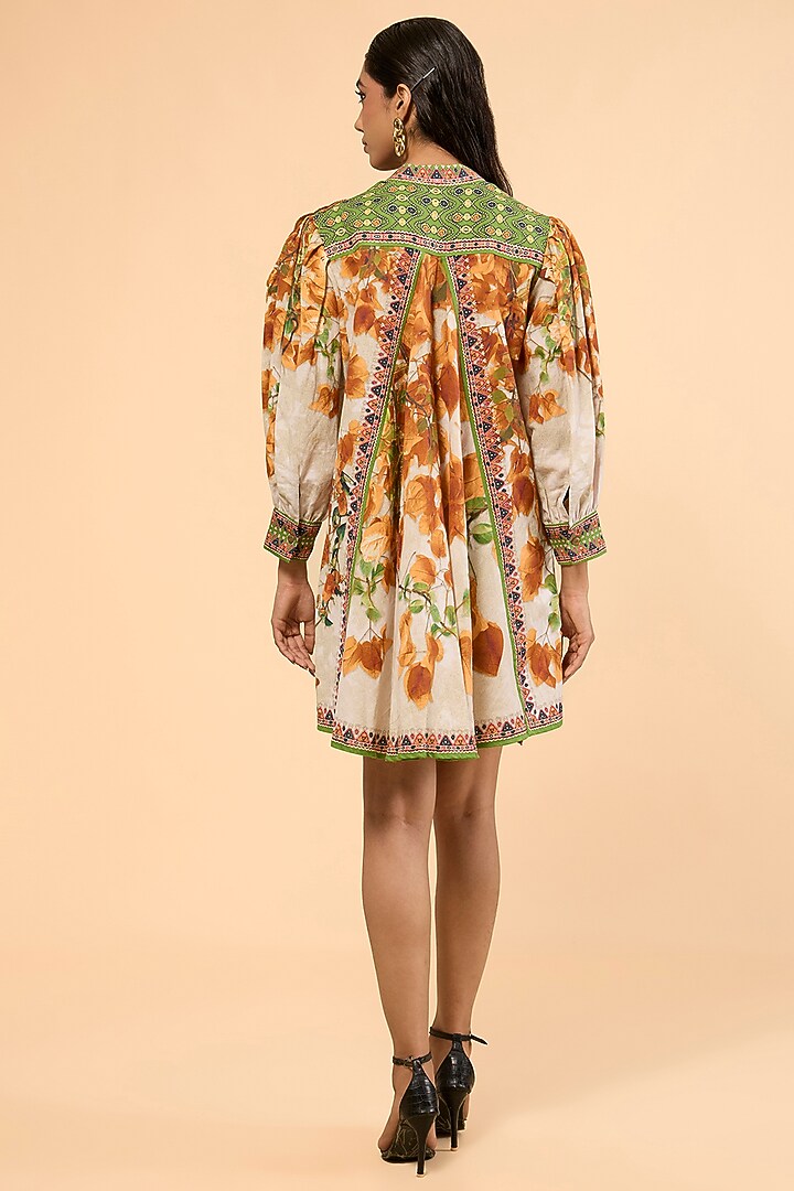Warm Yellow Cotton Linen Printed & Embroidered A-Line Cocktail Dress by Rajdeep Ranawat at Pernia's Pop Up Shop